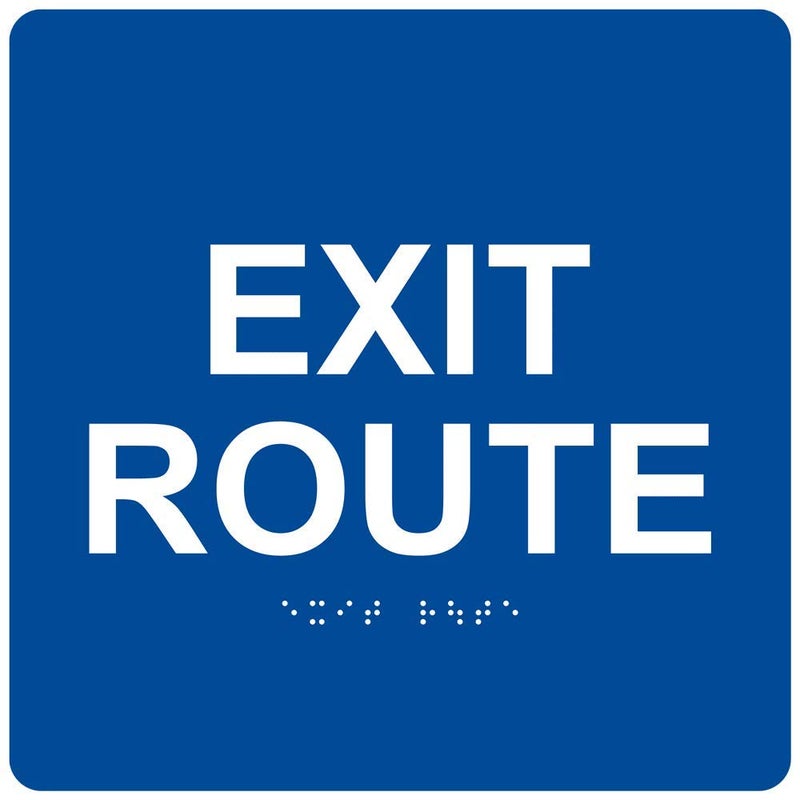 ComplianceSigns.com Exit Route Sign, ADA-Compliant Braille and Raised Letters, 6x6 in. White on Blue Acrylic with Adhesive Mounting Strips, American Made Safety Signs for the Workplace - Image 1